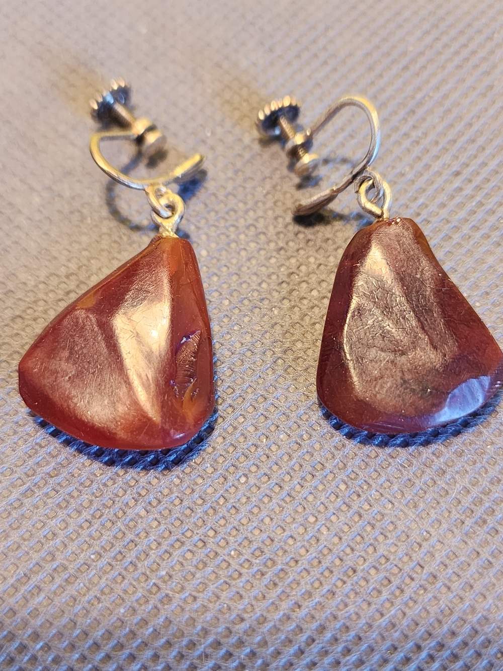 Handcrafted Brown Amber Drop Screw-on Earrings